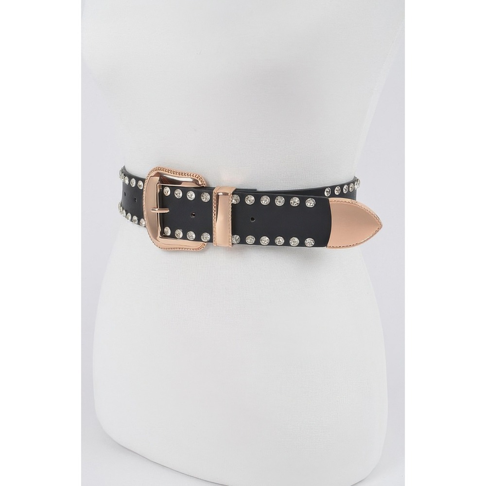 Western Belt Womens One Size Black New Rhinestone Rose Gold Tone